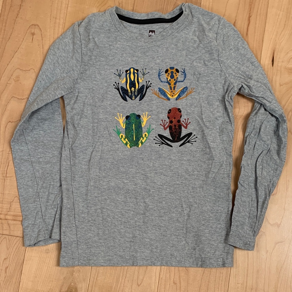 Tea Gray Long Sleeve Tee with Colorful Frog Prints sz 10